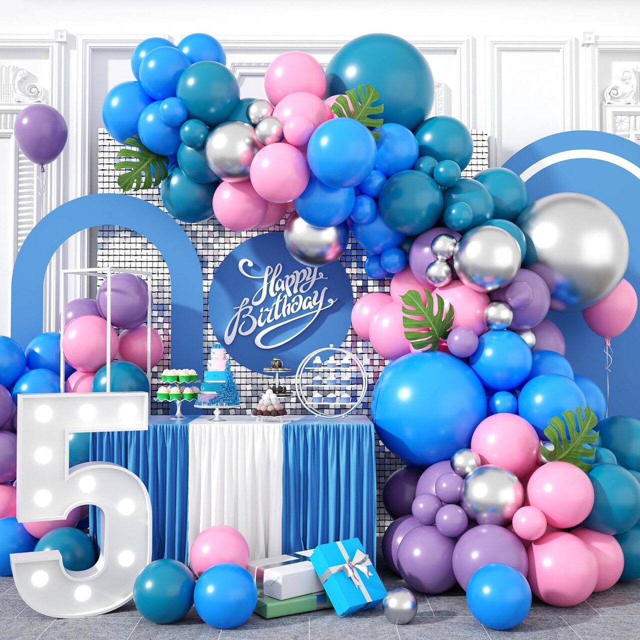 Blue Purple Balloon Arch Garland Kit, Purple Pink Blue Metallic Silver Balloons for Kids Birthday Hawaii Tropical Party Supplies Party Decorations